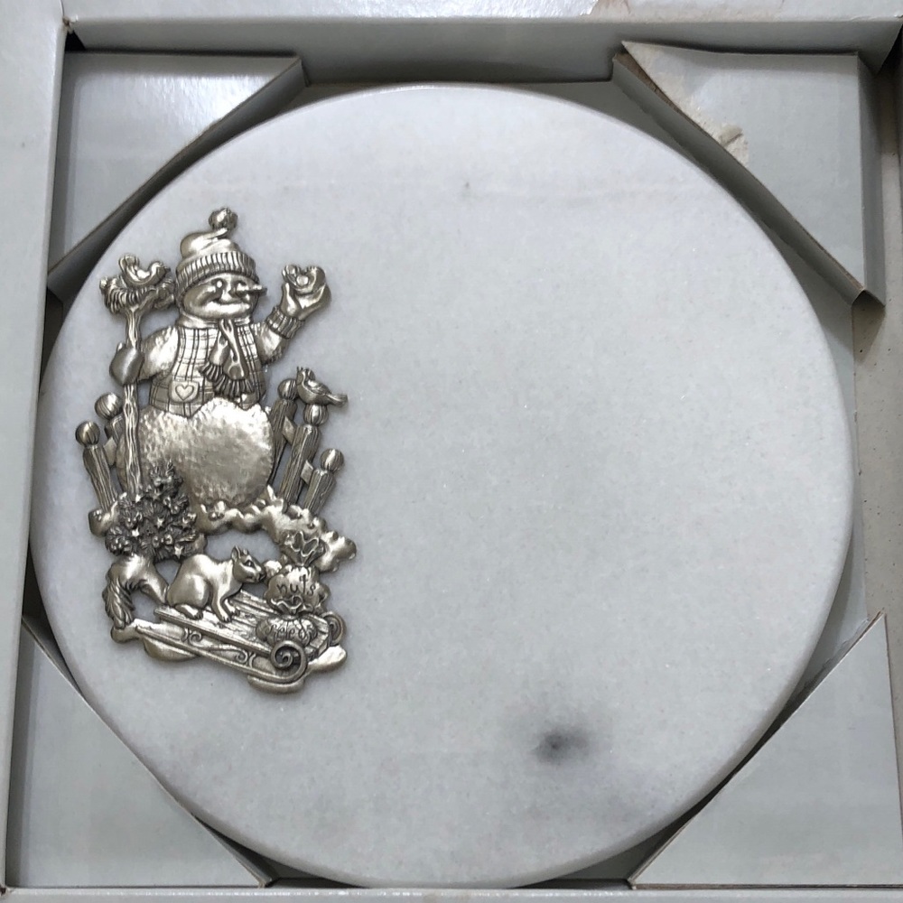 Lindsay Claire Pewter Snowman on White Marble Serving Platter Winter Christmas